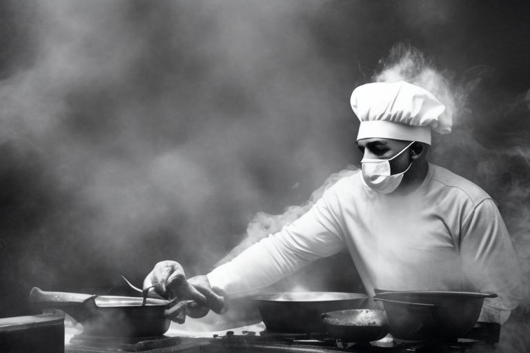 A black and white image depicting a person cooking on a traditional gas stove while wearing protective gloves and face mask against a backdrop of smoke billowing out from behind them