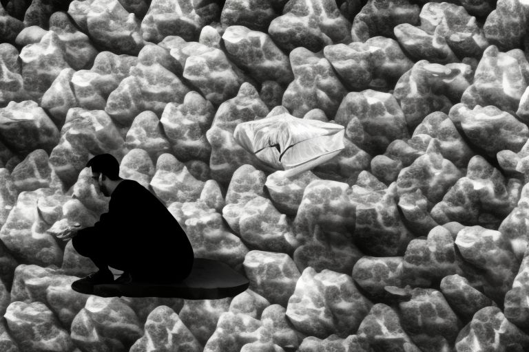 A black-and-white image depicting an individual alone in their cell eating stone cold food from a plastic bag while flies buzz around them.