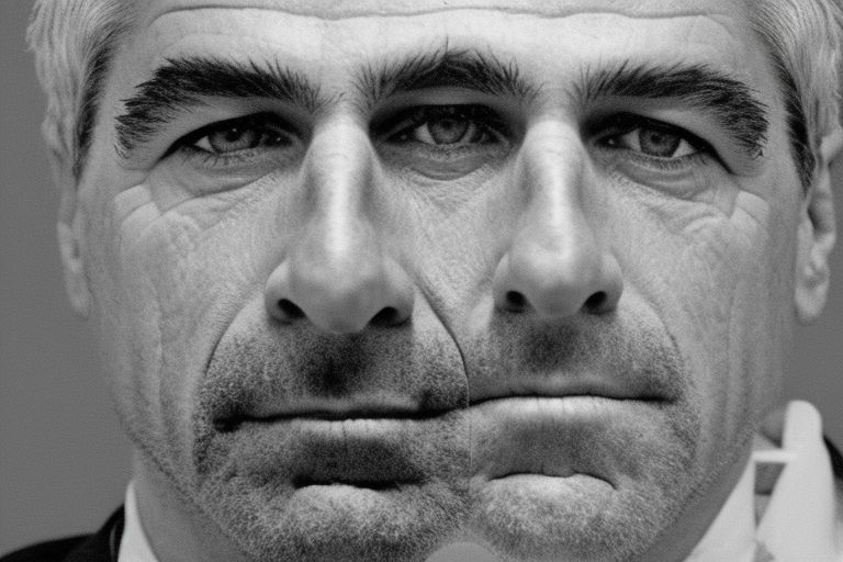 A black-and-white image depicting Jeffrey Epstein's face with an ominous expression and a caption reading "Justice for Victims Elusive".