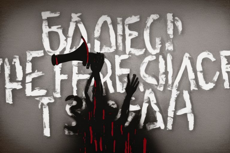 A black-and-white image featuring a silhouette figure holding a megaphone with words "Freedom Of Speech" written across it in bold letters against a red background