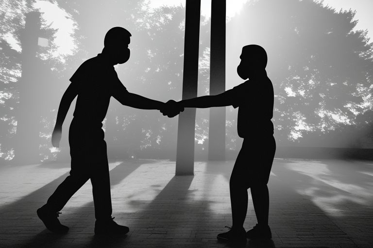 A black-and-white image featuring silhouettes of figures shaking hands with each other while wearing masks representing PT and PCF respectively