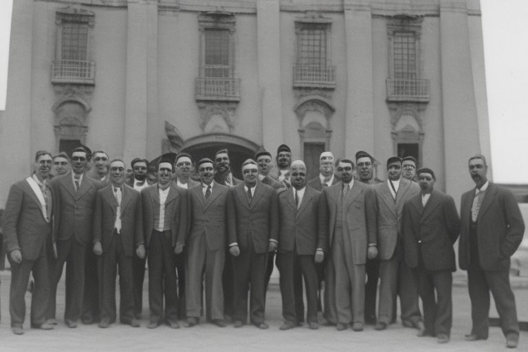 A black and white image of a group of Spanish men standing together proudly in front of a large building or monument