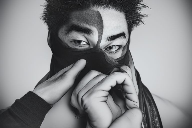 A black and white image of a manga character with a mysterious expression.