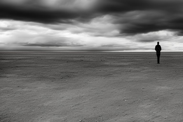 A black-and-white image of a person looking out over a barren landscape with storm clouds looming overhead.