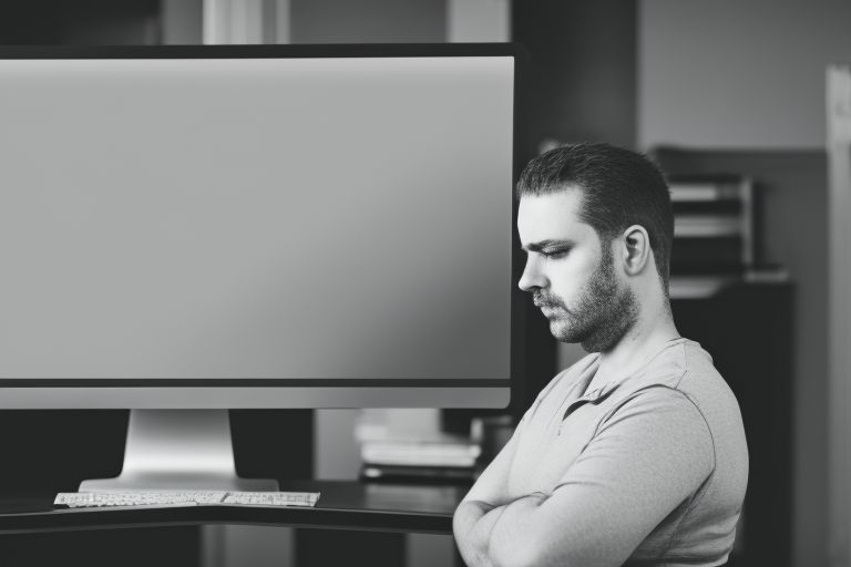 A black and white image of a person standing in front of a computer screen with their hands on their hips looking contemplative.