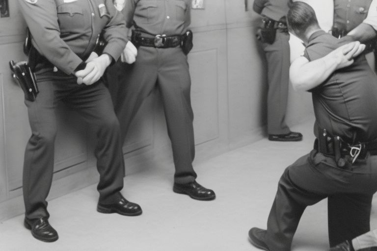 A black-and-white image of a police officer handcuffing someone while another person looks on with shock and dismay in the background