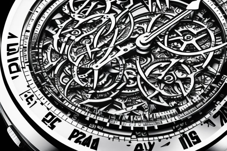 A black-and-white image of a watch face featuring an Omega logo on its dial surrounded by intricate designs on either side representing eternity and infinity respectively