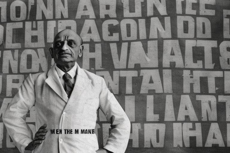 A black-and-white image of Sardar Vallabhbhai Patel standing tall against a backdrop of Indian flags with text reading "Remembering The Iron Man Of India".
