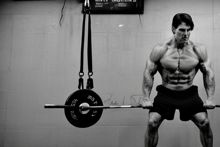 A black-and-white image of Tom Cruise looking determined while doing pull-ups in a gym setting with weights around him and motivational words written on the wall behind him.