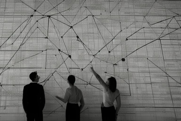 A black-and-white photo depicting two people looking up at a map projected onto a wall with various lines connecting different points around it - representing data analysis being conducted by an organization like Hamilton68