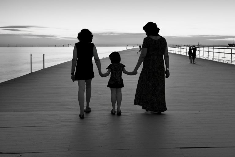 A black-and-white photo featuring two generations (a mother holding her daughter's hand) walking together along a beachfront boardwalk. The mother is smiling at her daughter while pointing out something in the distance with her free hand; both figures appear silhouetted against the sunset sky behind them.