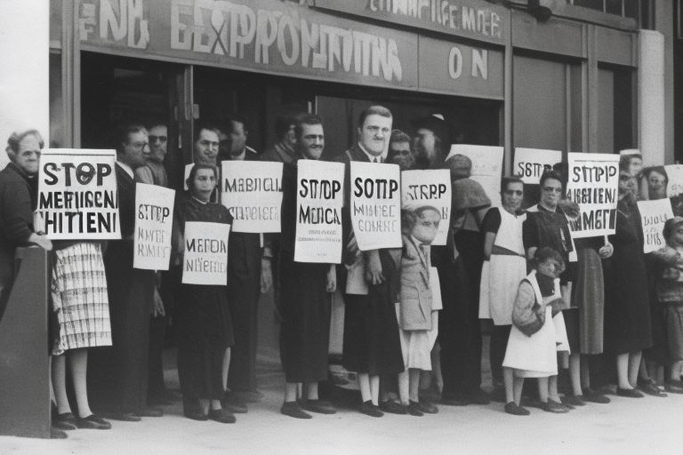 A black-and-white photo of a group of people protesting outside a building with signs reading "Stop Medical Experimentation On Children"