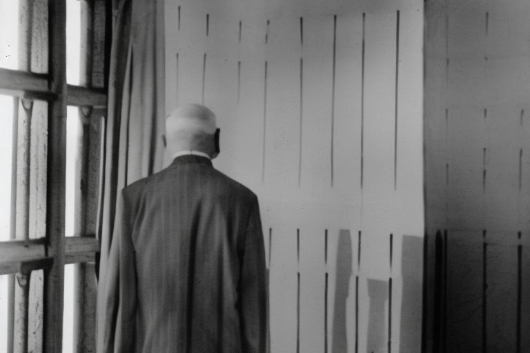 A black-and-white photo of an elderly man wearing a prison uniform standing next to a barred window looking out at an unknown landscape beyond it.