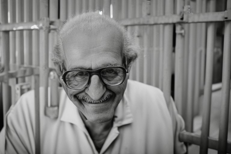 A black-and-white photo of an elderly man wearing glasses smiling at the camera surrounded by prison bars