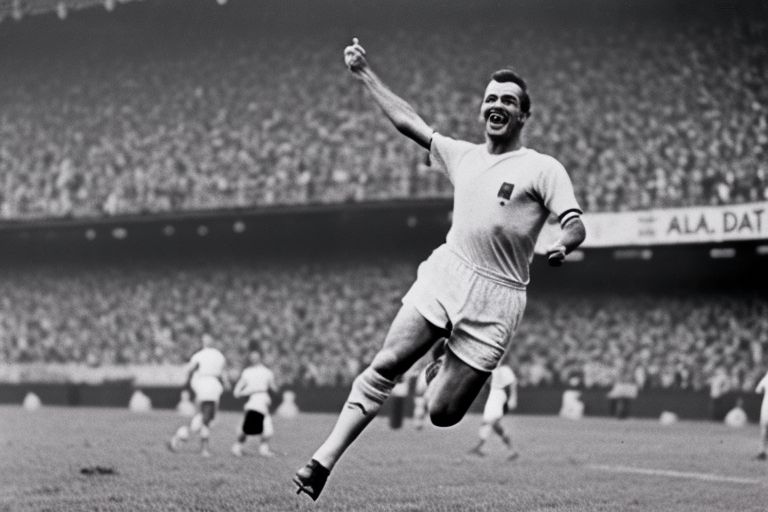 A black and white photo of Just Fontaine celebrating after scoring one of his 13 goals at the 1958 FIFA World Cup