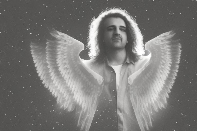 A black-and-white photo of Lil Keed with angel wings superimposed onto it against a dark background with stars scattered around him