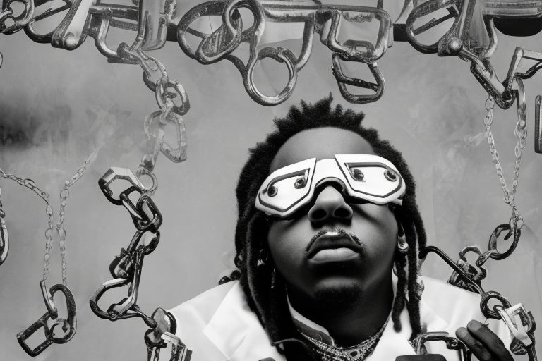 A black-and-white photo of Migos rapper Takeoff with an overlay of handcuffs draped over it symbolizing justice being served for his death.
