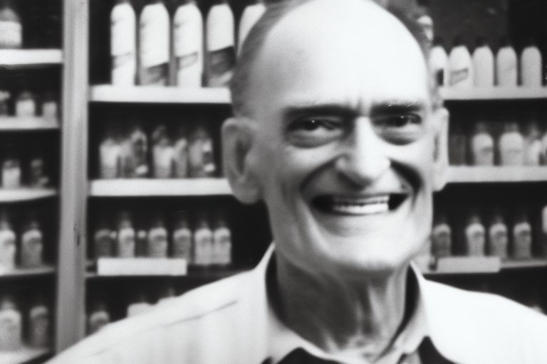 A black-and-white photo of Sam Walton smiling while standing in front of Walmart store shelves with products behind him