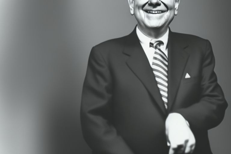 A black-and-white photo of Warren Buffett smiling confidently while wearing a suit jacket