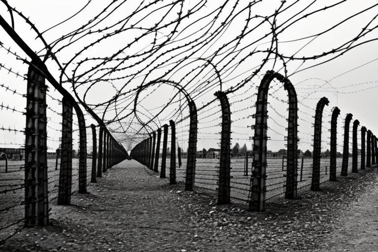 A black-and-white photo showing Auschwitz concentration camp with barbed wire fencing around it captioned "Never forget".