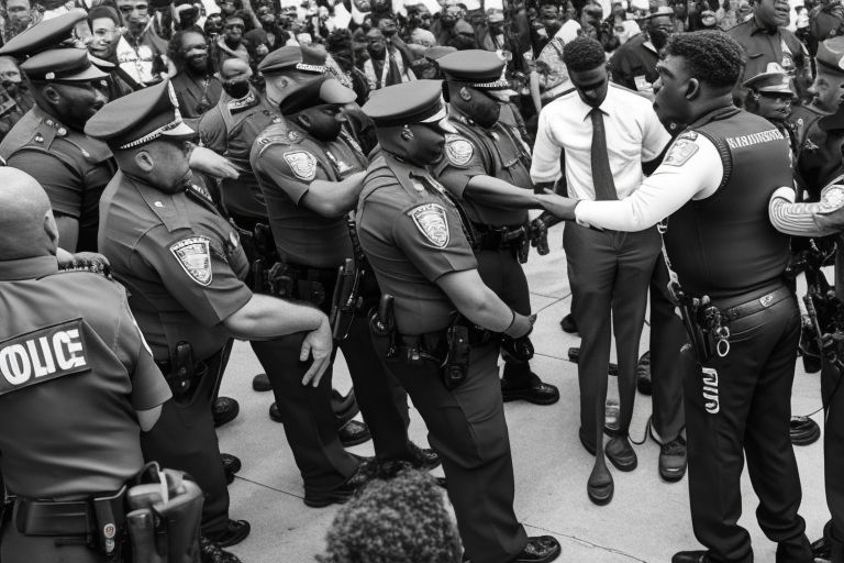 A black-and-white photo showing Young Thug being handcuffed by police officers while surrounded by onlookers outside a courthouse building with 'Justice' written above them in bold white lettering against a dark background .