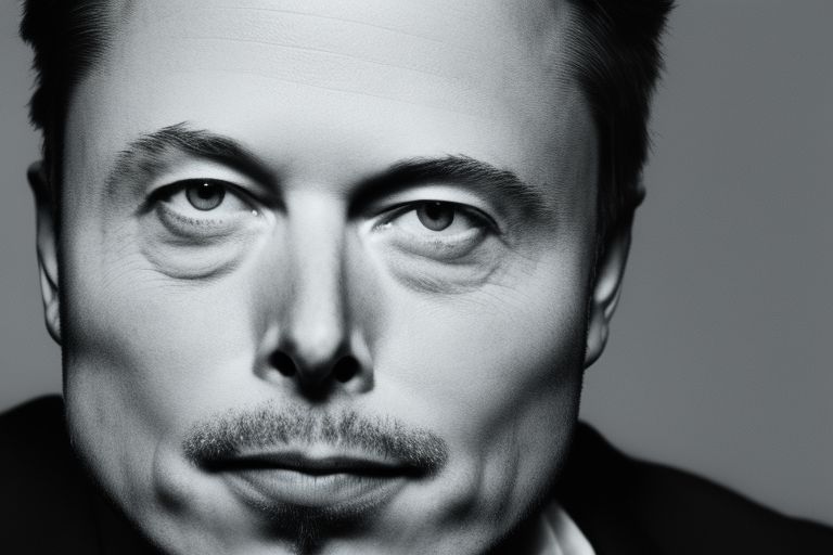 A black-and-white portrait photo of Elon Musk looking off into the distance with a determined expression on his face