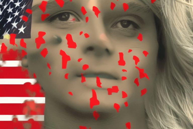 A black background with text reading "Be Vigilant Against Foreign Interference" overlaid with an image depicting a person wearing a face mask looking suspiciously at their phone screen while standing in front of an American flag waving in windy conditions