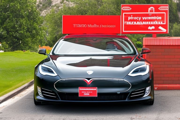 A black Model S with a red warning sign in front of it indicating "Privacy Issues Ahead".