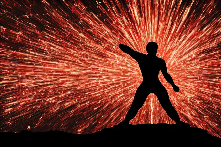 A black silhouette of a person standing up to an angry figure with their arms crossed in front of them. The background is red with sparks flying around them representing strength and determination despite opposition.