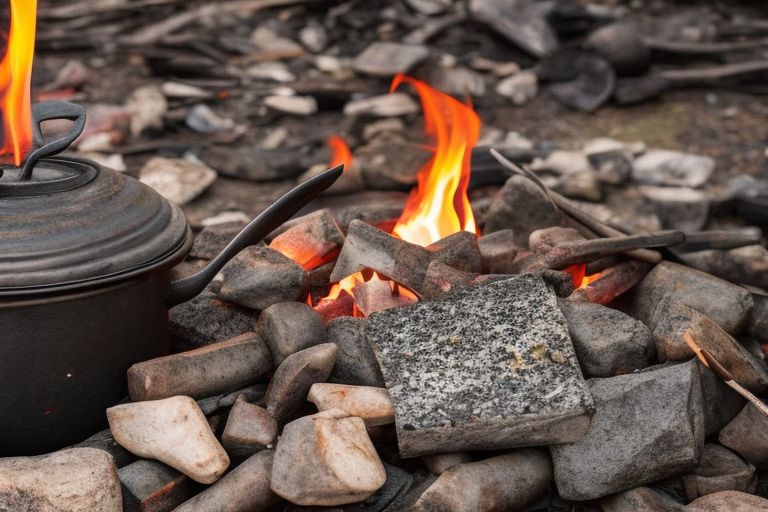 A blackened pot sits atop a traditional open flame style "assault" style campfire cooker/stove surrounded by rocks - highlighting its potential danger as well as its obsolescence in comparison with modern kitchen appliances like electric stoves & microwaves