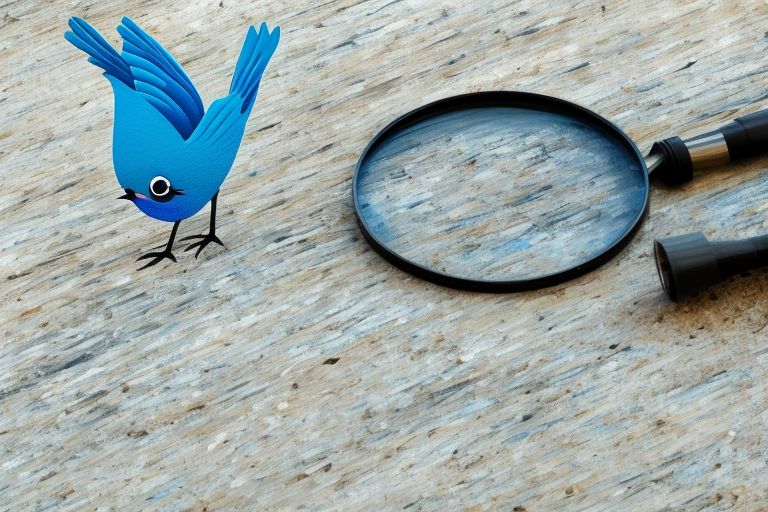 A blue bird tweeting out of a laptop screen against a white background with a magnifying glass in front of it counting the number of views/reads.