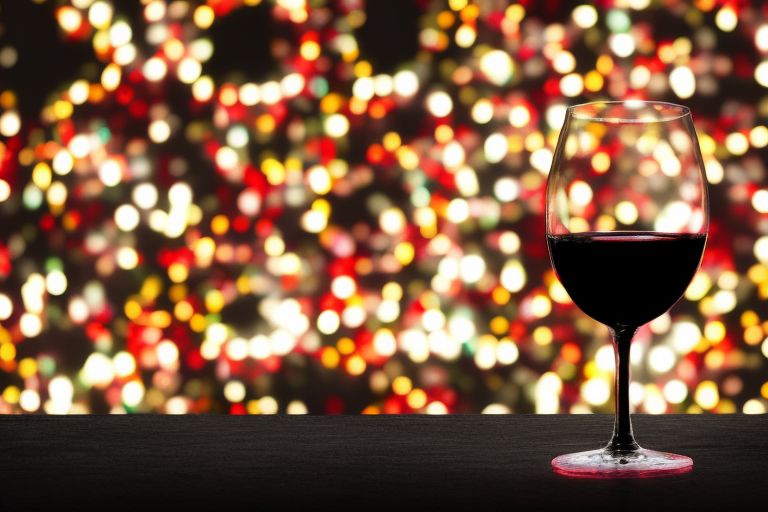 A bottle of red wine surrounded by colorful lights against a black background