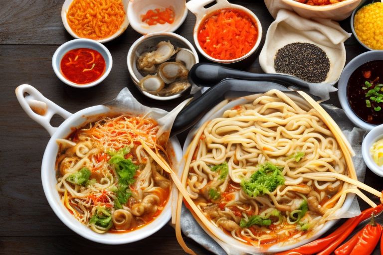 A bowl full of steaming hot spicy noodles surrounded by warning signs reading "High Sodium," "MSG," "Addictive," etc., indicating potential health risks associated with consuming them regularly.