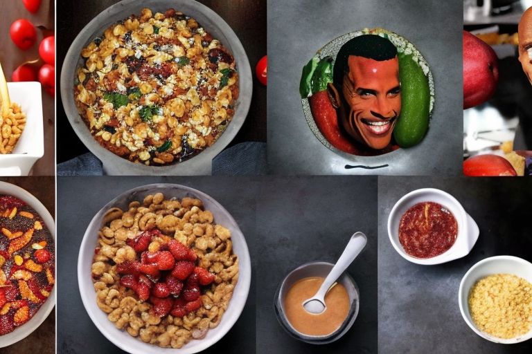 A bowl of Cerealicious topped with fresh fruit alongside three celebrity photos (Dwayne Johnson, Michael Jordan & Ronaldo).