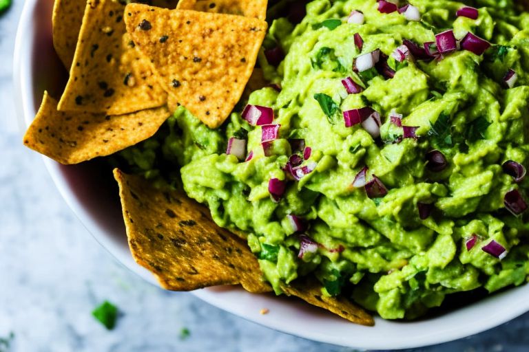 A bowl of guacamole with chips around it and an image of an avocado on top of the bowl with confetti falling from above.