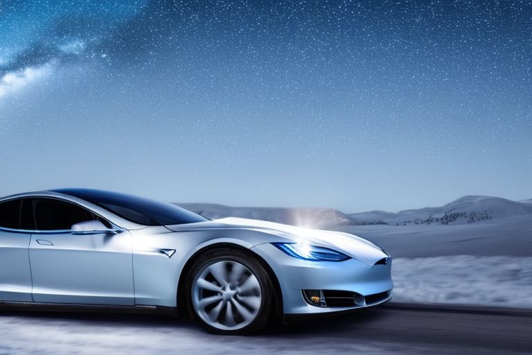 A bright blue Tesla car driving through a snowy landscape at night with headlights illuminating the way ahead and the stars twinkling in the sky above it.