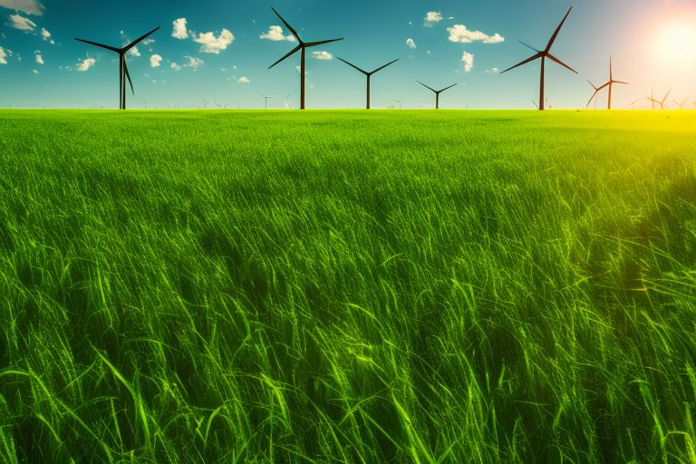 A bright green field filled with turbines spinning against a blue sky background with rays of sunlight shining through them