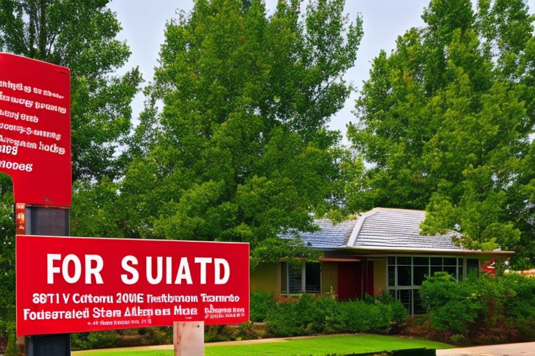 A bright red “For Sale” sign stands proudly against a backdrop of lush green trees outside a newly built suburban house