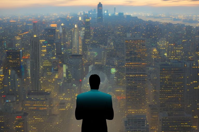 A businessman looking up into the sky with his hands clasped together in prayer-like fashion while standing atop a tall building overlooking a city skyline at nightfall - symbolizing his struggle towards attaining true happiness amidst all odds