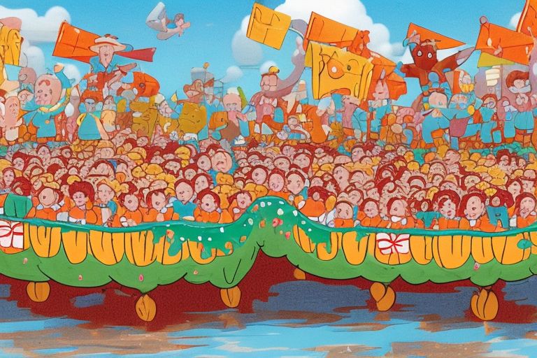 A cartoon illustration featuring a fry-shaped float in a parade surrounded by happy villagers celebrating Frytis' legacy.