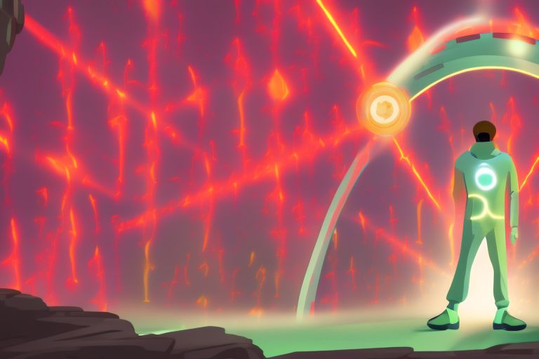 A cartoon illustration of a person wearing futuristic clothing while standing in front of a glowing portal leading into a virtual world.
