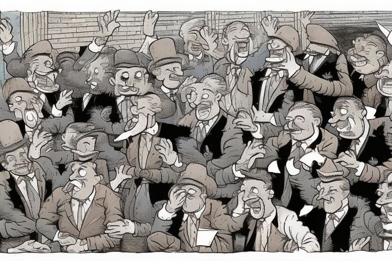A cartoon image depicting a group of wealthy businessmen laughing at a pile of money with an angry taxpayer standing nearby holding up his empty wallet in frustration
