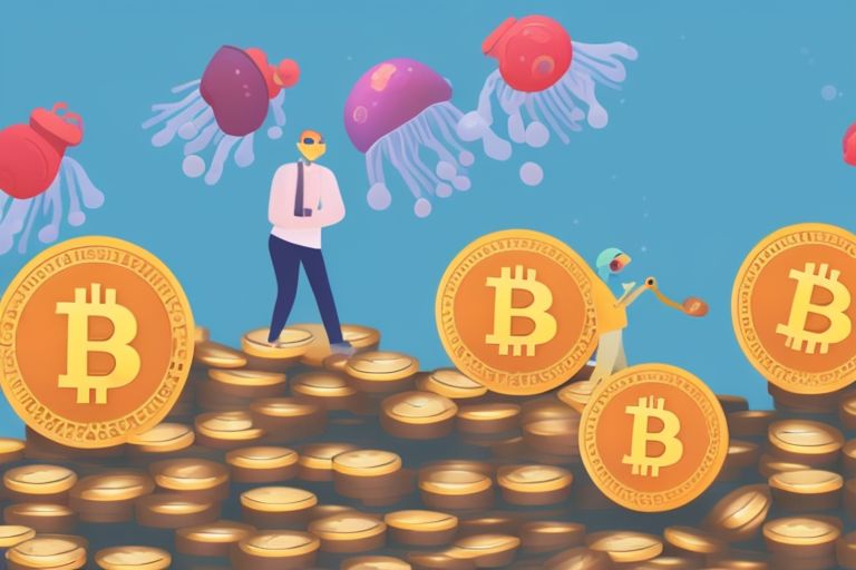 A cartoon image depicting a person signing a contract on top of a pile of coins representing cryptocurrency payments being made through Jellyfish's tokenized lease agreement #NFT