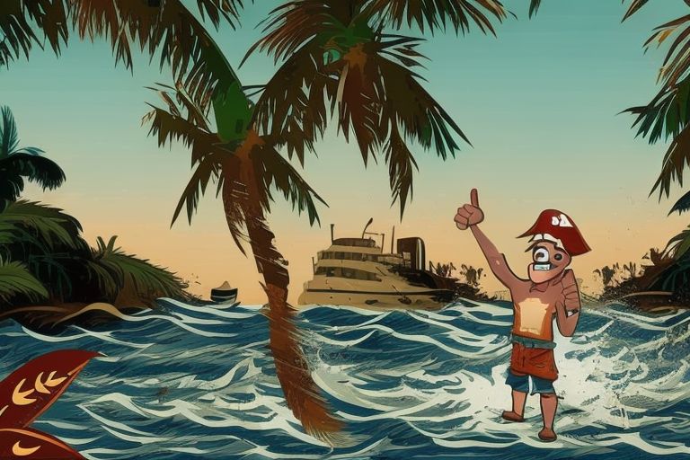 A cartoon image depicting a smiling pirate holding up two thumbs up while standing on a beach surrounded by palm trees as waves crash around him/her.