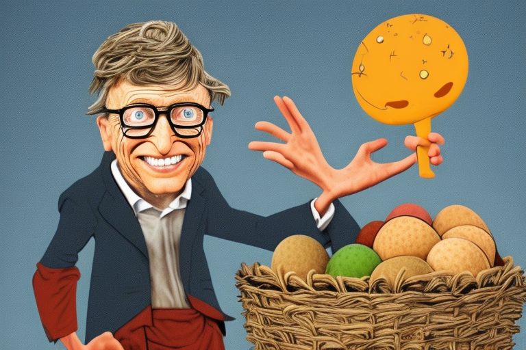 A cartoon image depicting Bill Gates as an evil wizard holding up a basket full of eggs while cackling maniacally