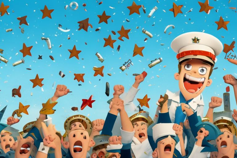 A cartoon image depicting Captain Caps Lock wearing a captain's hat while shouting loudly with all caps letters in front of a blue sky background with stars scattered around him.