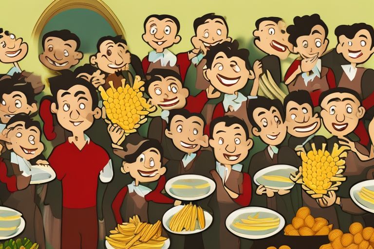 A cartoon image depicting Frytis surrounded by smiling villagers holding plates full of fries.