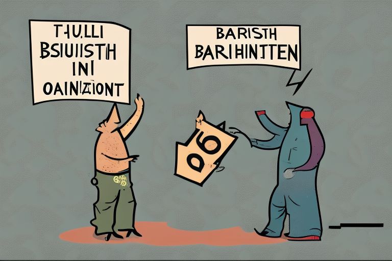 A cartoon image depicting two figures debating whether they should invest in a decentralized autonomous organization (DAO). One figure is holding up a sign that reads "Bearish" while another holds up one reading "Bullish".