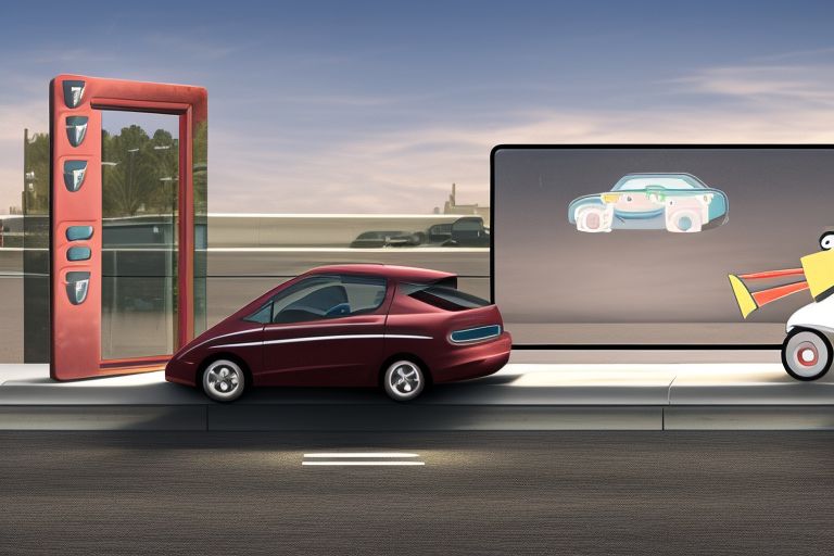 A cartoon image of a car driving up to an automated drive-thru window. The car has a confused expression on its face while the window is blank and robotic looking.