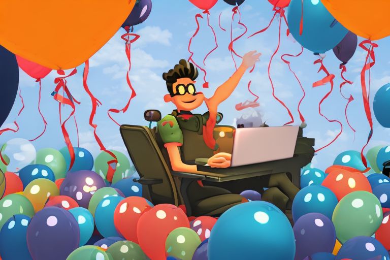 A cartoon image of a gamer sitting at a computer surrounded by balloons celebrating their achievement of reaching 100 Sol!